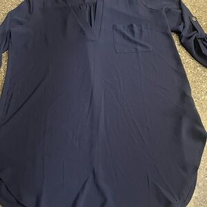 Lush Navy Blue Perfect Roll Tab Sleeve Split Neck Tunic Size S Pocket Career EUC